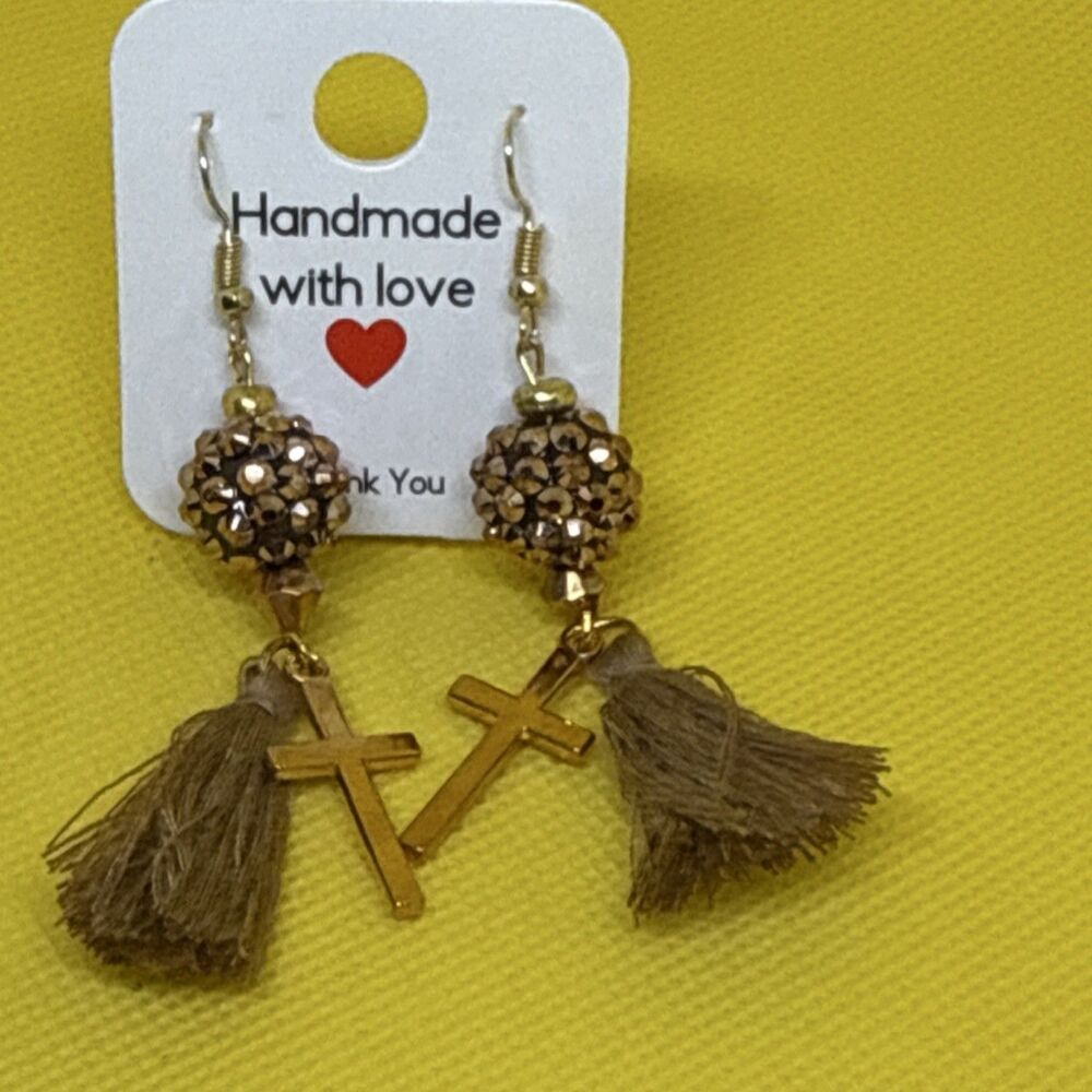 Tassel Cross Dangle Earrings Gold Brown Beaded Religious for Women